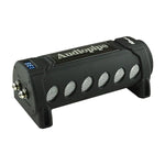 Car power capacitor with black casing, vented grille, and mounting feet