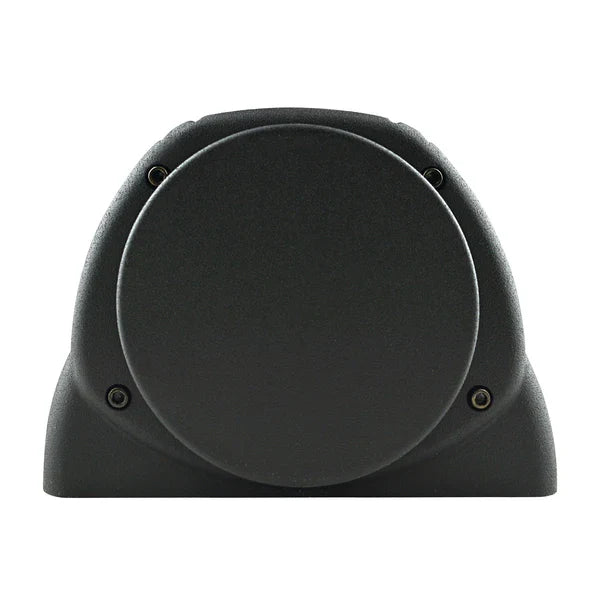 Black car power capacitor end cap with circular cover and visible screw points