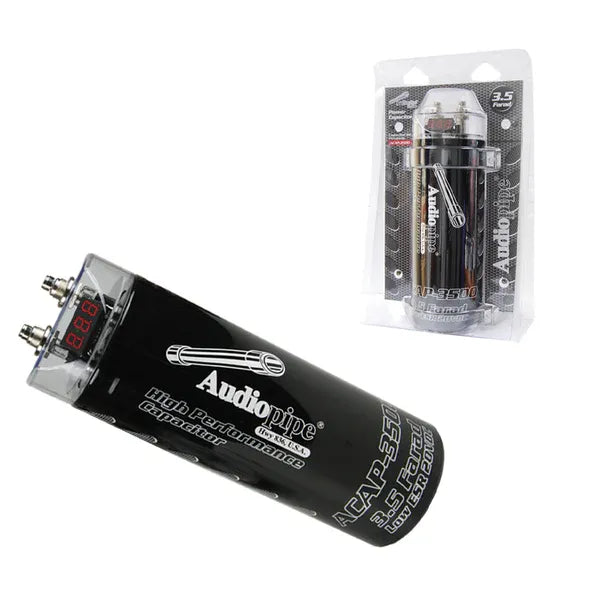 Audiopipe 3.5 farad power capacitor with mounting terminals, black aluminum case