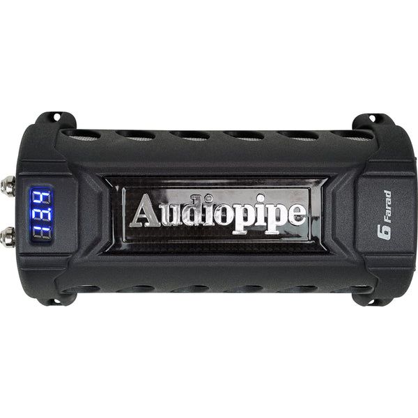 Audiopipe 6 Farad power capacitor with front logo and blue LED display