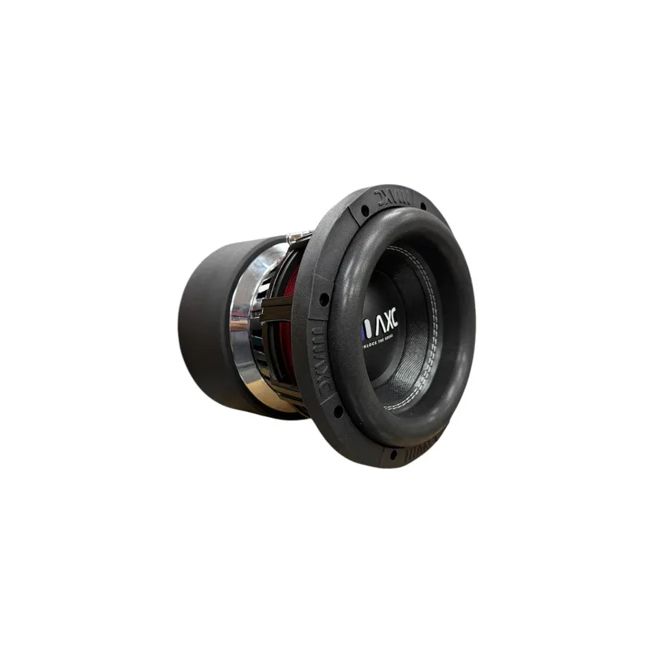 8-inch car subwoofer with black cone and front grille, angled side view