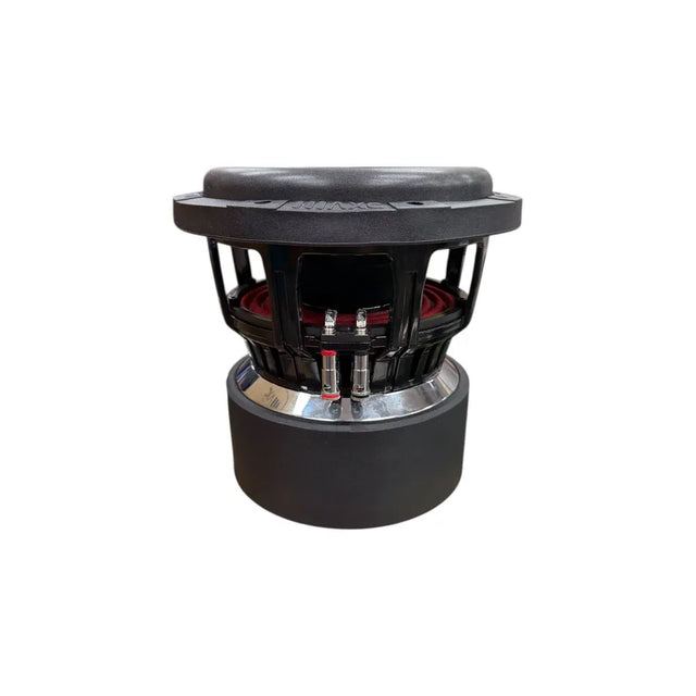8-inch car subwoofer showing open basket and exposed terminals, top view