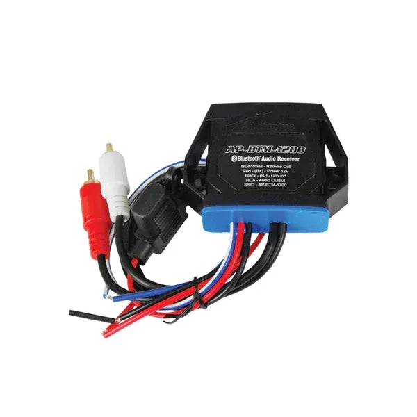 Marine Bluetooth audio receiver with wiring harness and RCA connectors, black module