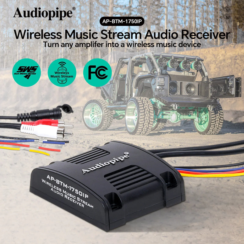 Black Audiopipe wireless music stream audio receiver with mounting bracket and label