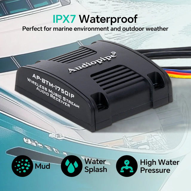 Black wireless music stream audio receiver with cable ports on a boat-style surface