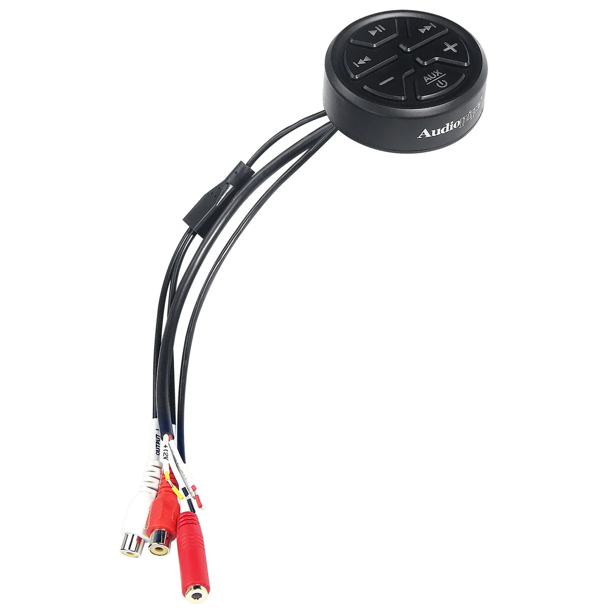 Black wireless audio receiver puck with top button controls and RCA wires