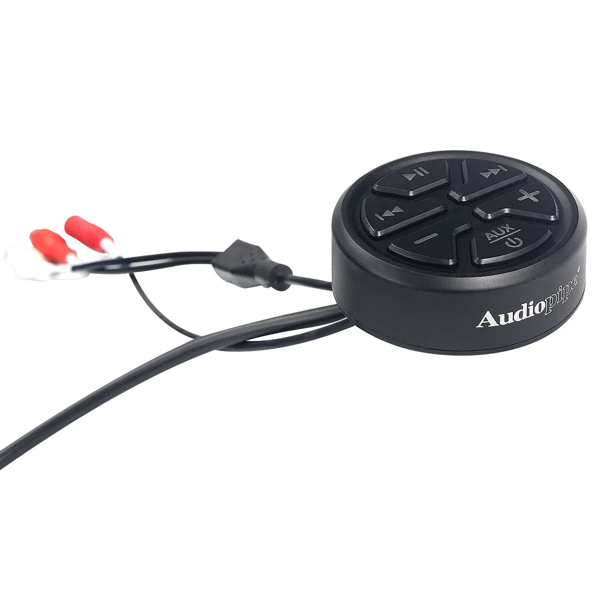 Black round audio receiver with button controls and connected red/white RCA leads