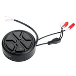 Black circular audio receiver remote with multi-direction buttons and wiring harness
