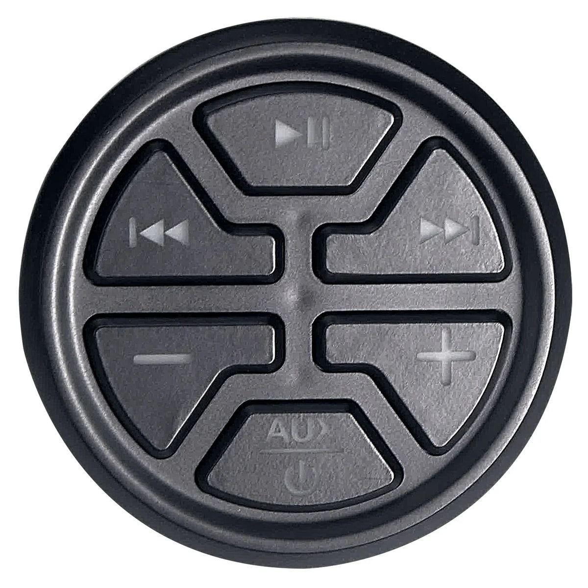 Black circular control button panel with AUX and playback icons