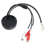 Black round marine wireless audio receiver with RCA pigtail cables