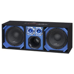 Vented car speaker enclosure with dual woofers, center driver cluster, blue side panels