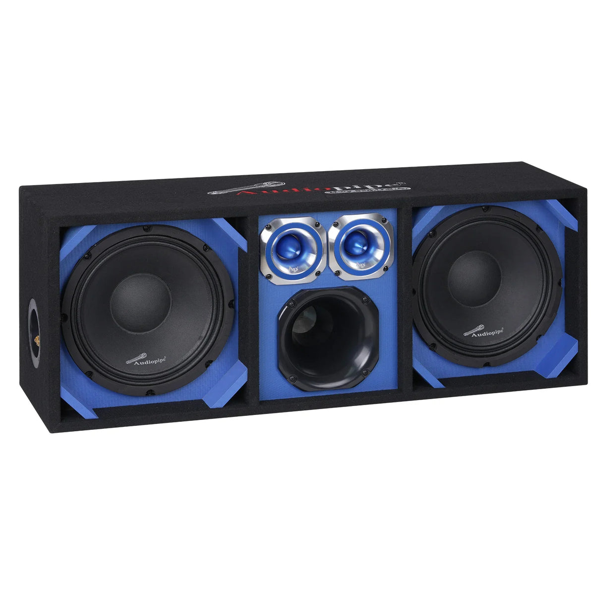 Vented car speaker enclosure with dual black woofers and blue center drivers