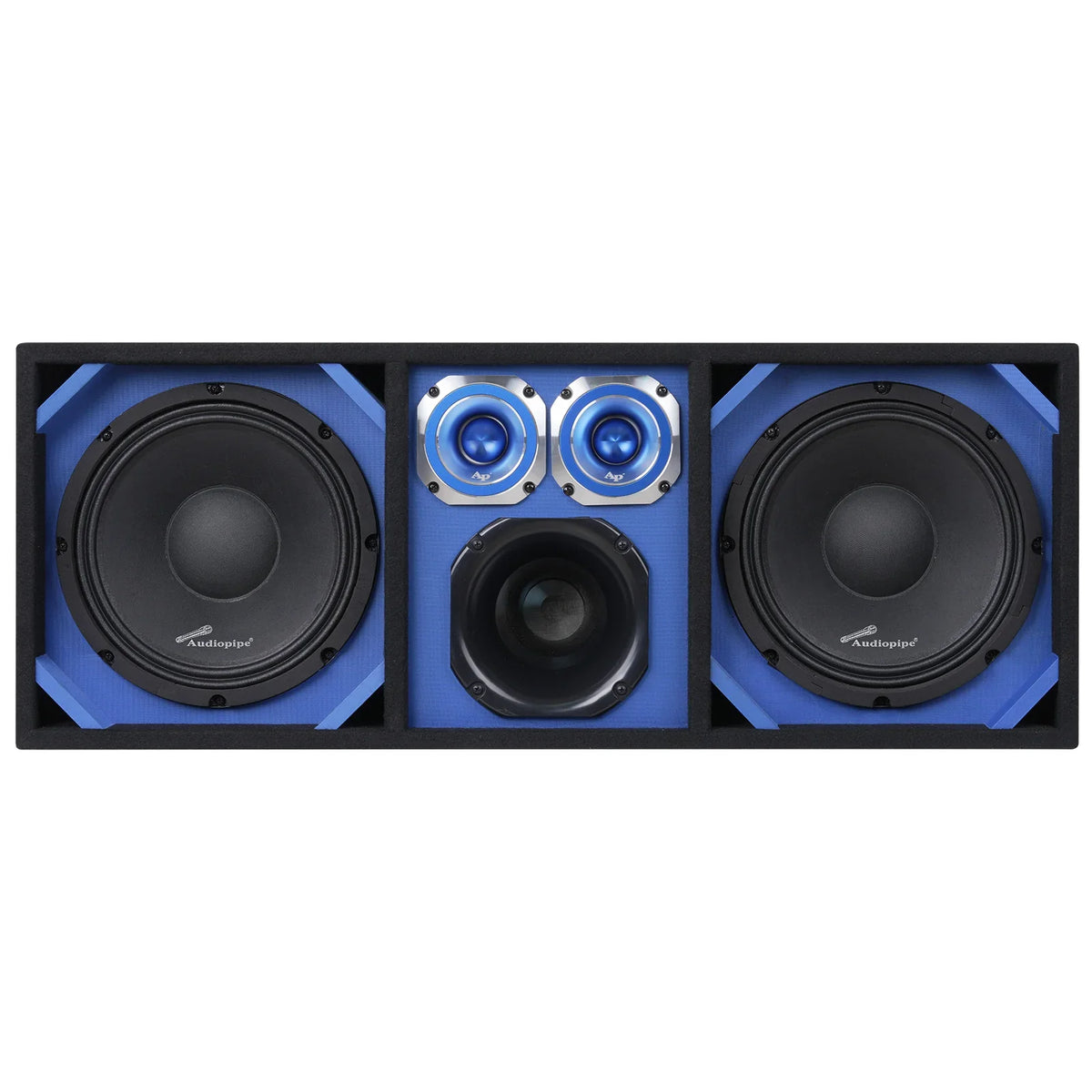 Vented car speaker enclosure front view with dual woofers, central sub, blue accents