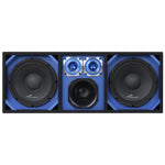 Vented car speaker enclosure front view with dual woofers, central sub, blue accents