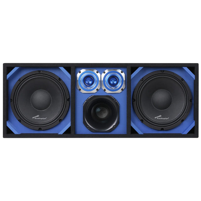 Vented car speaker enclosure front view with dual woofers, central sub, blue accents