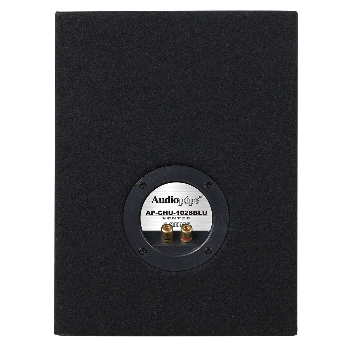 Speaker enclosure back panel with black mounting plate and Audiopipe terminals label