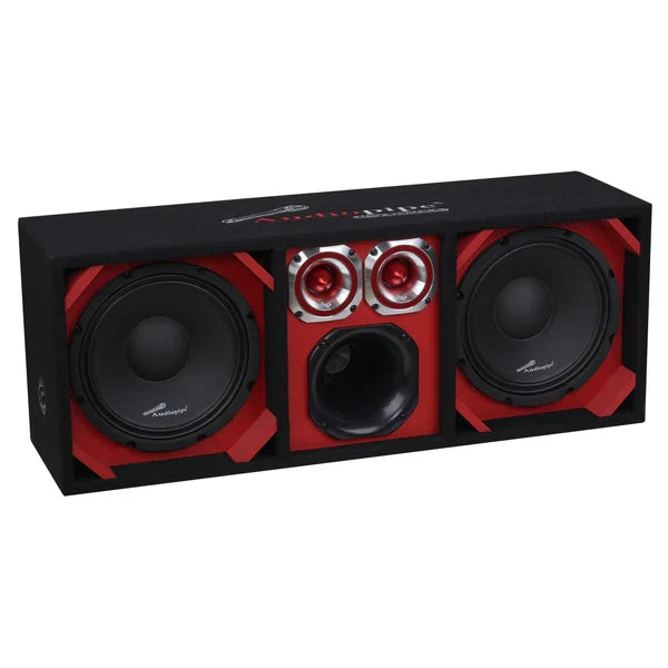 Car audio speaker enclosure with three drivers, red baffles, dual large woofers