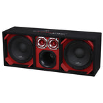 Car audio speaker enclosure with dual woofers and central tweeters, black and red frame