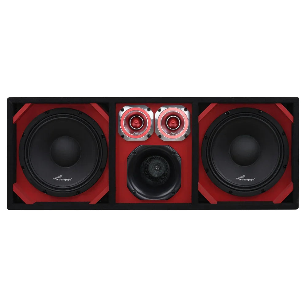 Car audio speaker enclosure, front view with two woofers and two tweeters in red trim