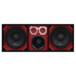 Car audio speaker enclosure, front view with two woofers and two tweeters in red trim
