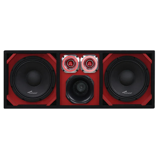 Car audio speaker enclosure, front view with two woofers and two tweeters in red trim
