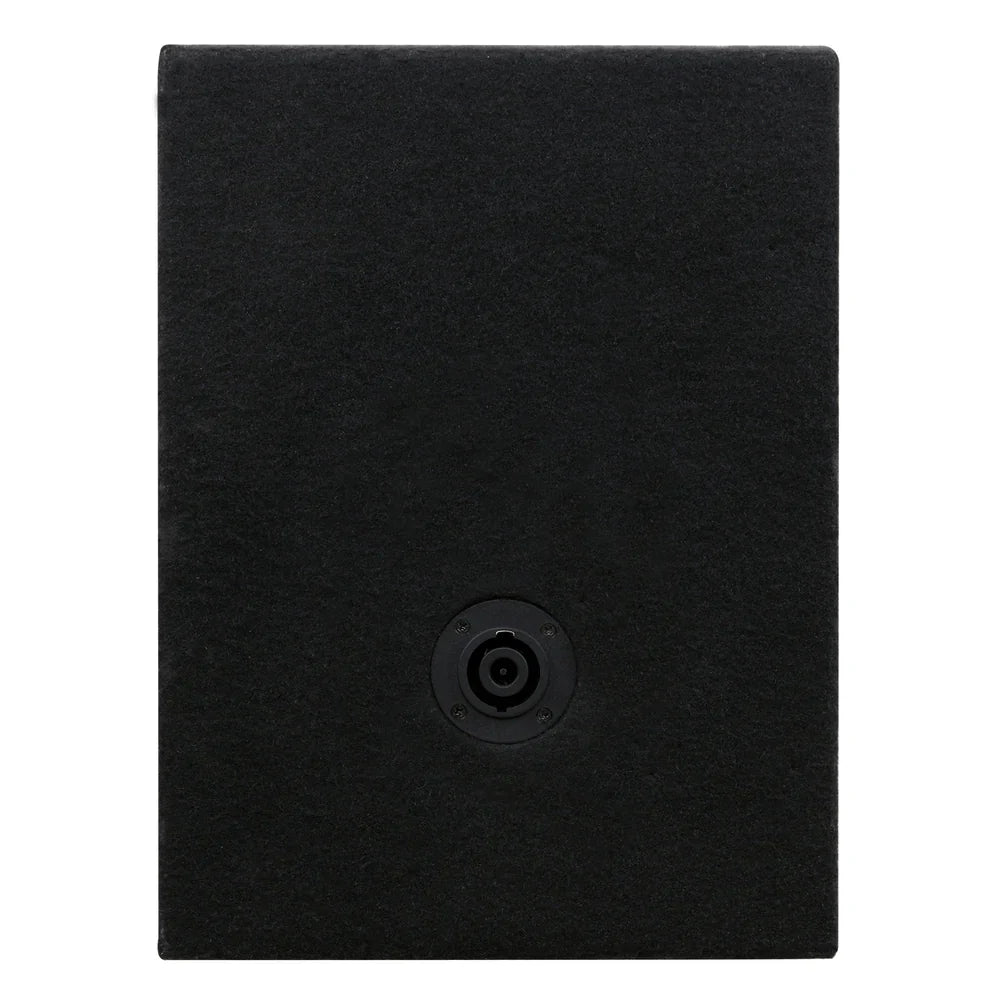Car audio speaker enclosure rear panel with black fabric and circular speaker terminal