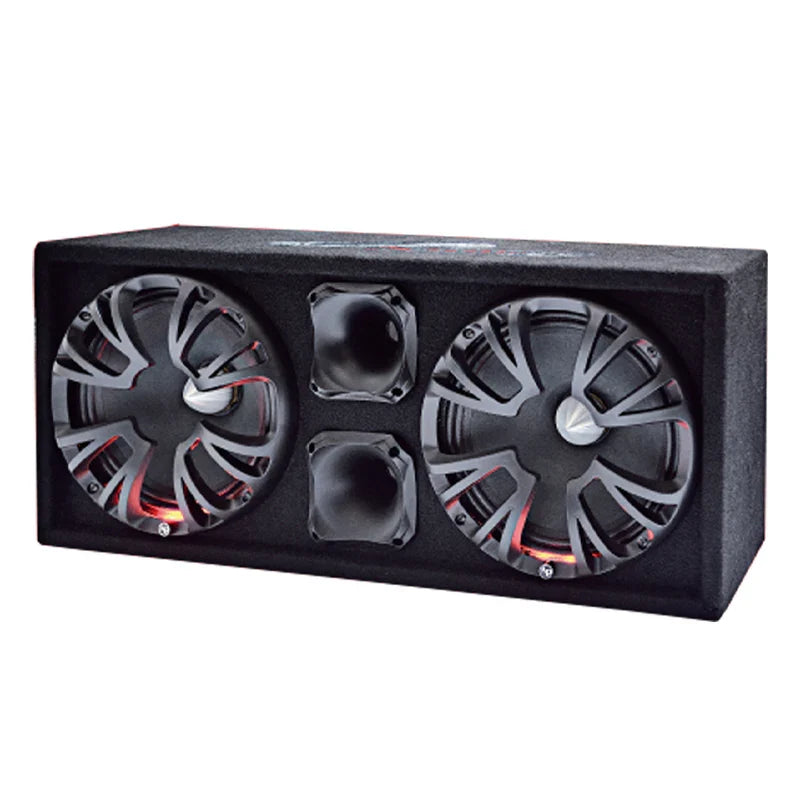Sealed car audio subwoofer enclosure with two LED-lit speaker drivers