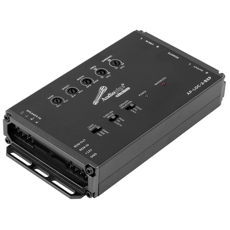AudioPipe bass line output converter, black metal box with control panel and ports