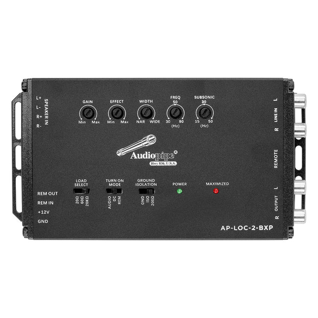 AudioPipe bass line output converter with front knobs, switches, and printed settings