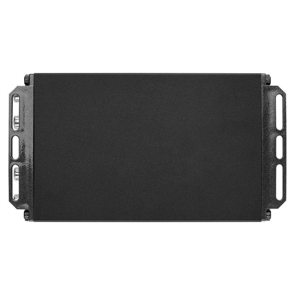 AudioPipe line output converter side view, black chassis with mounting rails