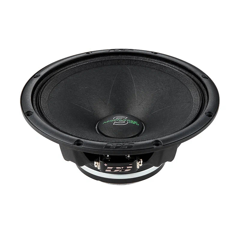 Black car audio speaker driver with dust cap and surround mounting holes