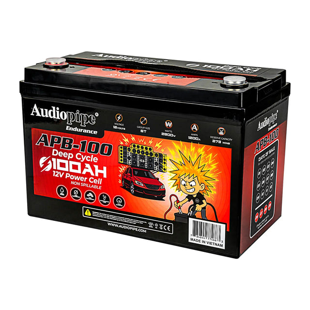 Audiopipe APB-100 12V deep cycle battery, 100Ah, front label view