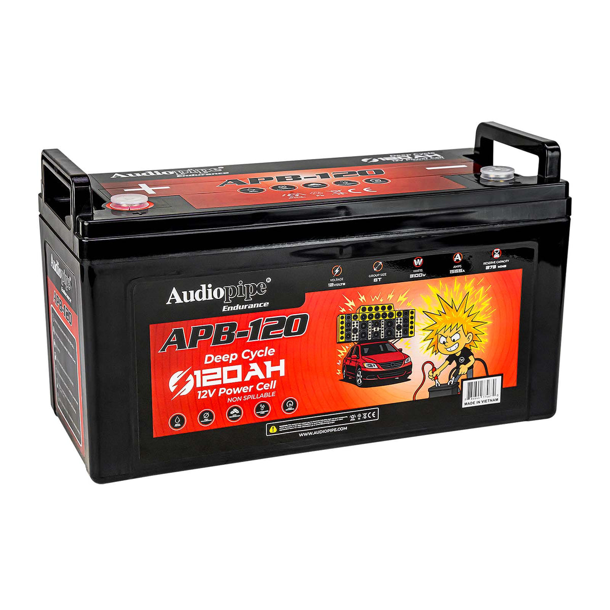 Audiopipe APB-120 deep cycle 12V battery, angled front view with top terminal posts
