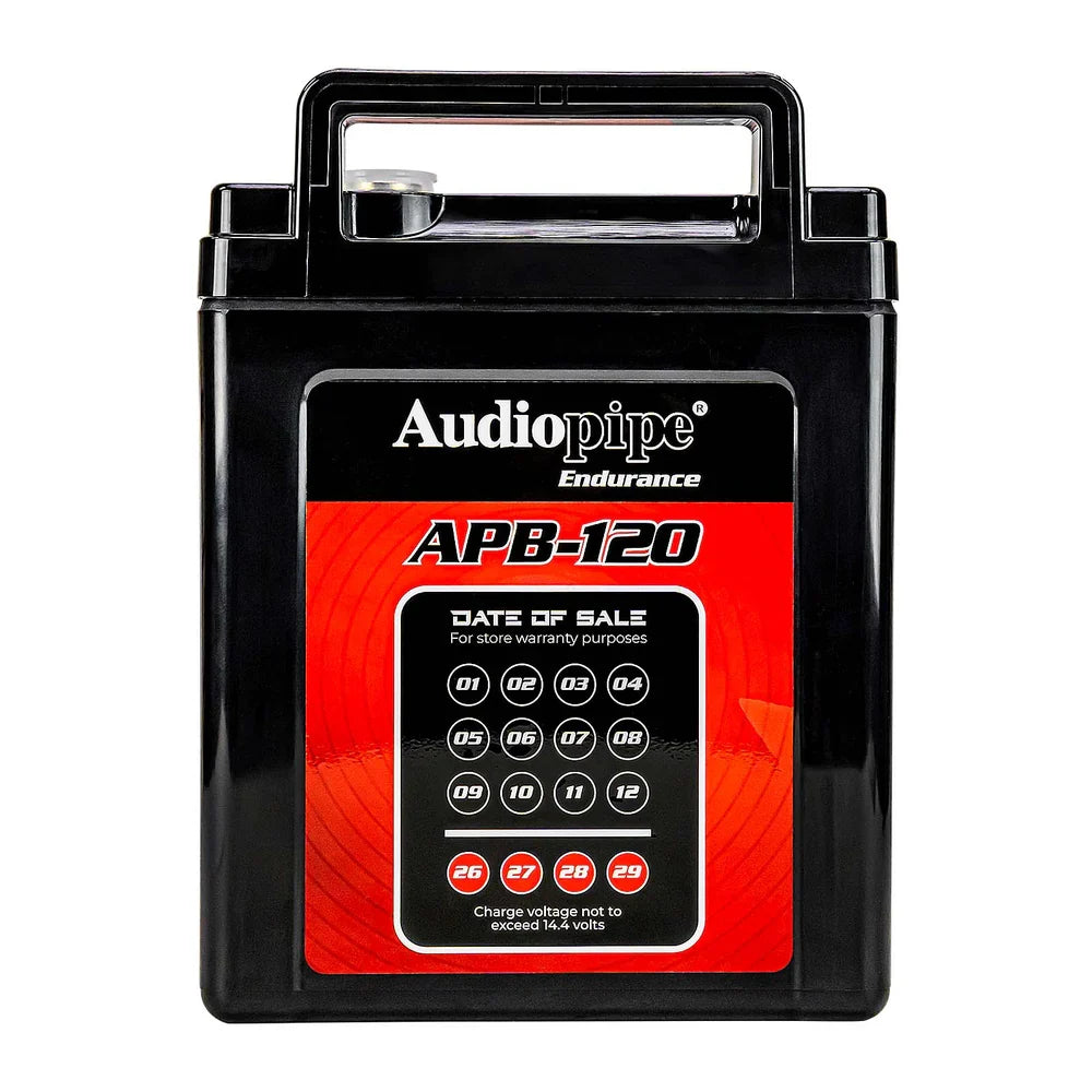 Deep cycle 12V battery back panel, red instruction label on black housing with handle