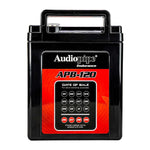 Deep cycle 12V battery back panel, red instruction label on black housing with handle
