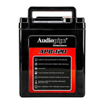 Deep cycle 12V battery back label, specs panel on black case with top carry handle