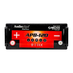 Deep cycle 12V battery with + and - terminal caps, front label on black housing