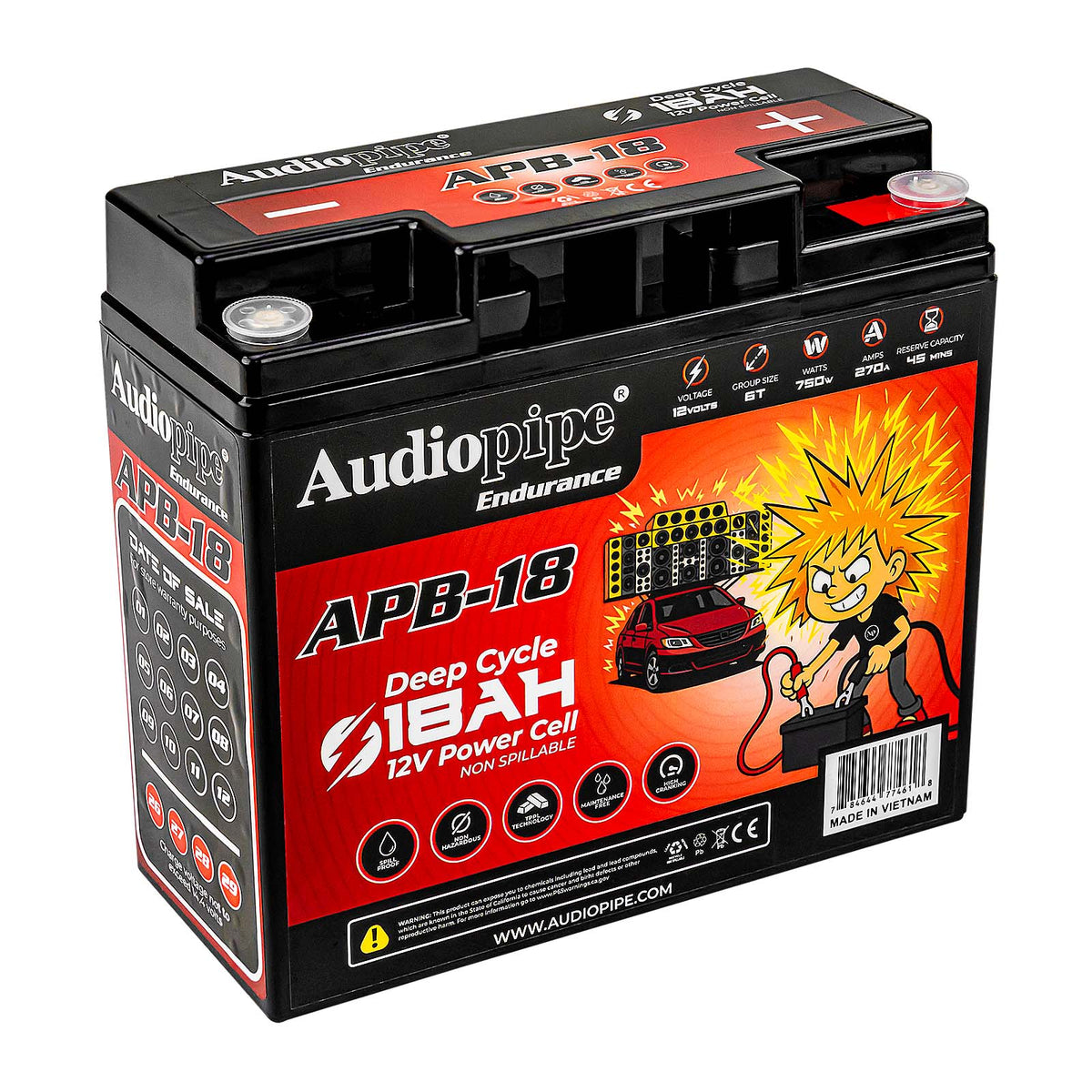 12V 18Ah deep cycle battery angled view with red graphic and front charging icons
