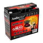 12V 18Ah deep cycle battery angled view with red graphic and front charging icons