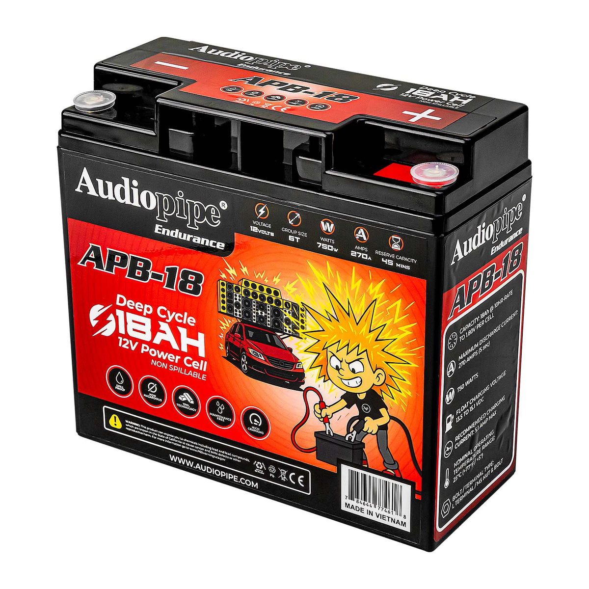 12V 18Ah deep cycle battery with side panel graphics and red control icon row