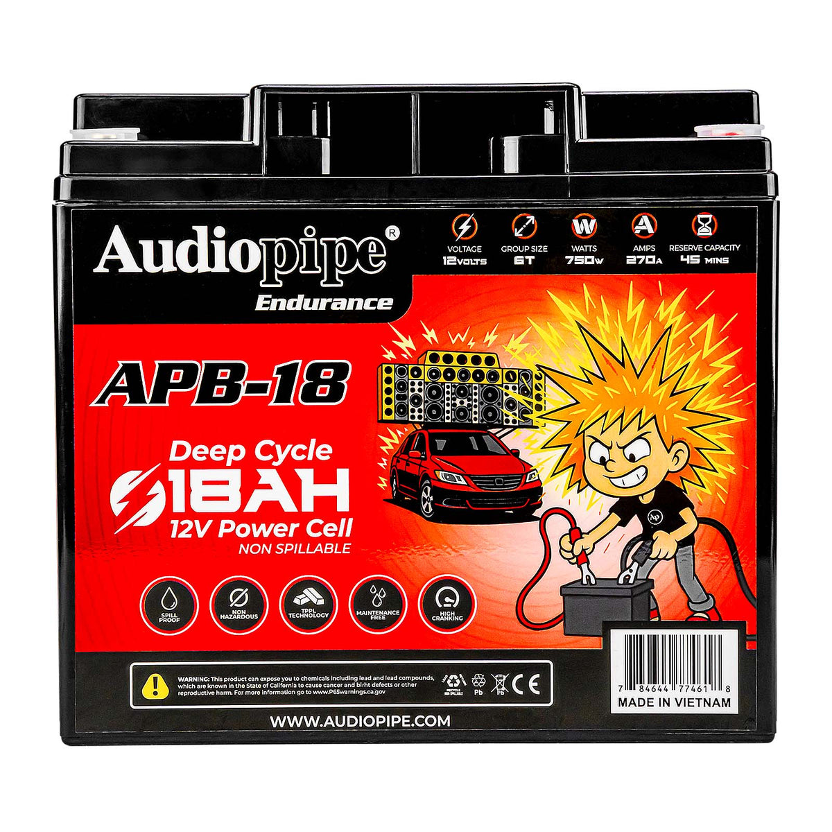 12V 18Ah deep cycle power cell battery with front branding and charging icons