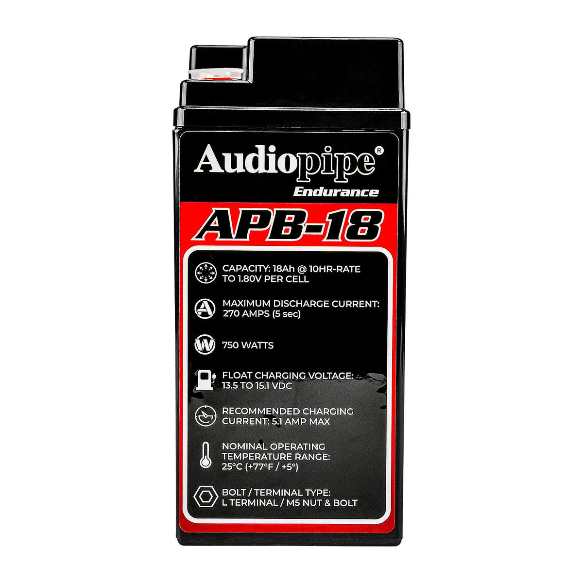 12V 18Ah deep cycle battery front spec label with capacity, current, and watts
