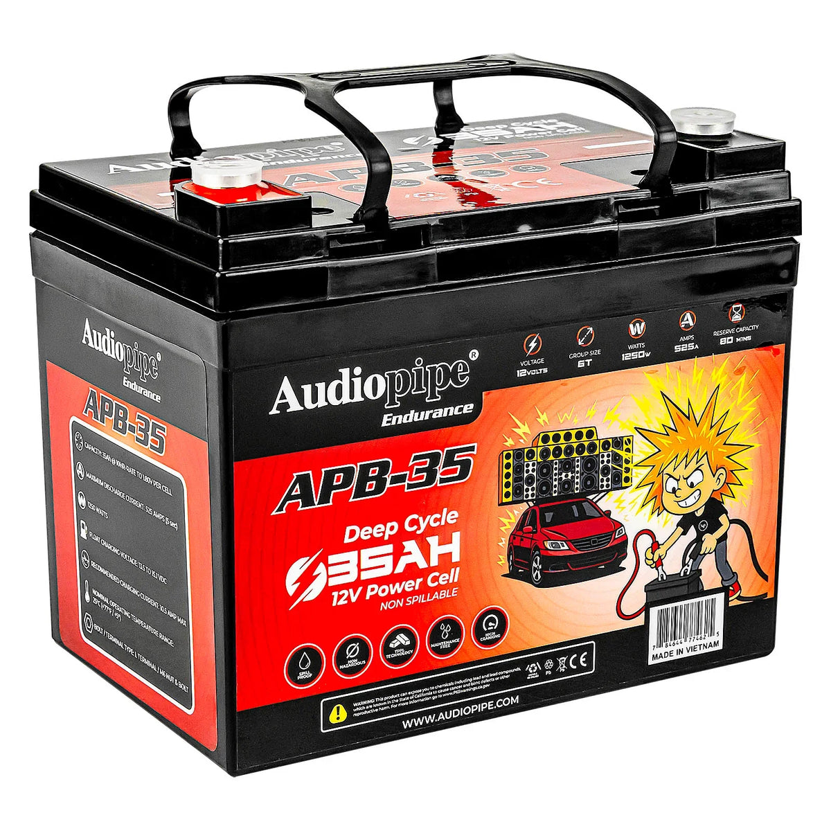Audiopipe APB-35 12V battery 3/4 view with carry handle and front label