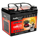 Audiopipe APB-35 12V battery 3/4 view with carry handle and front label