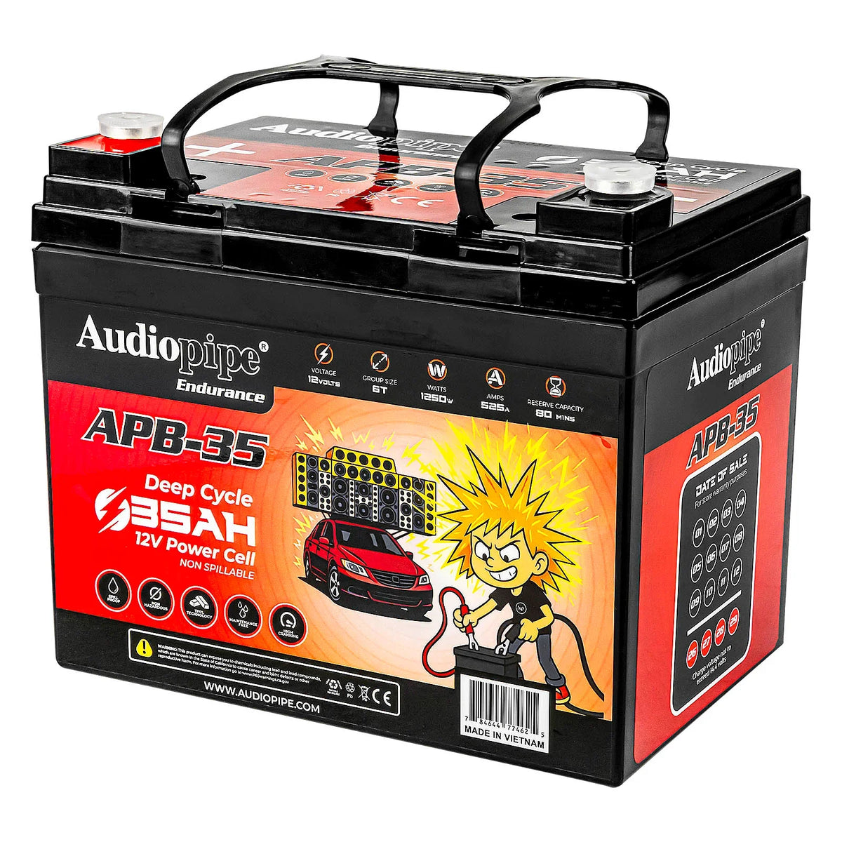 Audiopipe APB-35 12V battery front-side view with carry handle and branding