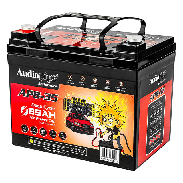 Audiopipe APB-35 12V battery front-side view with carry handle and branding