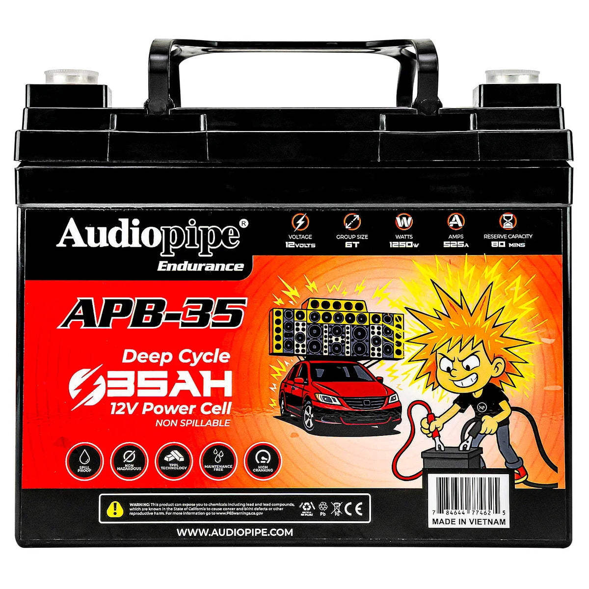 Audiopipe APB-35 12V deep cycle battery with carry handle and red front label