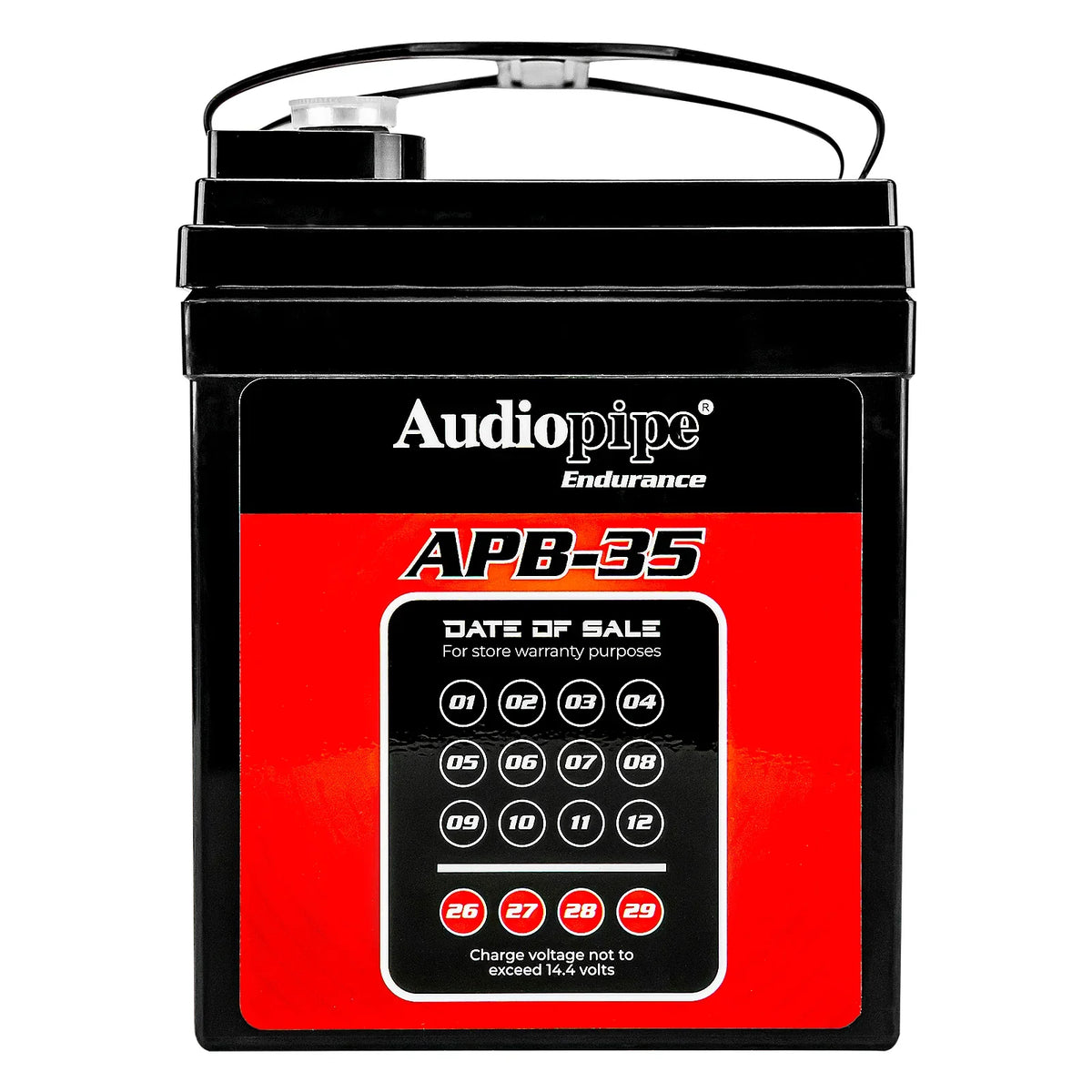 Audiopipe APB-35 12V battery rear panel with date-of-sale label