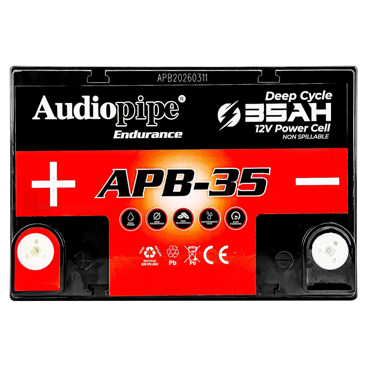 Audiopipe APB-35 12V battery with visible positive and negative terminals