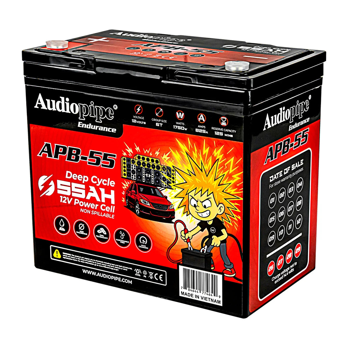 Deep-cycle 12V power cell battery shown from side with top terminals